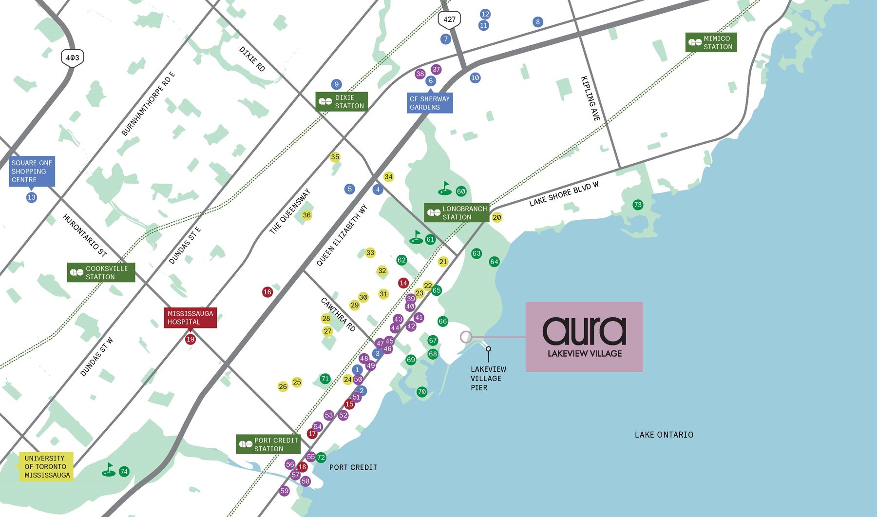 Aura Lakeview Village amenity map — Mississauga lakeshore