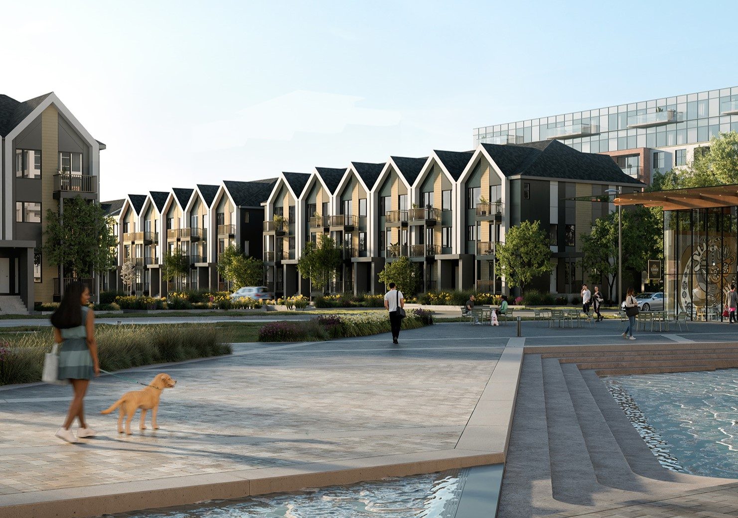 Community streetscape with waterway at Aura Lakeview Village